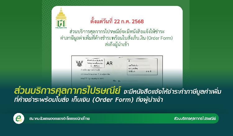 ส่วนบริการศุลกากรไปรษณีย์ จะมีหนังสือแจ้งให้ชำระค่าภาษีมูลค่าเพิ่มที่ค้างชำระพร้อมใบสั่งเก็บเงิน (Order Form) ถึงผู้นำเข้า
